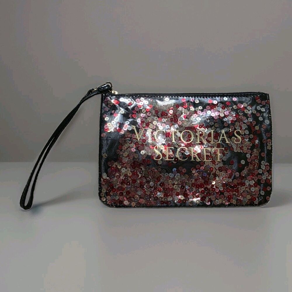 Victorias Secret Clear Sequin Wristlet Clutch Makeup Cosmetic Bag 8.5x6 in Zip